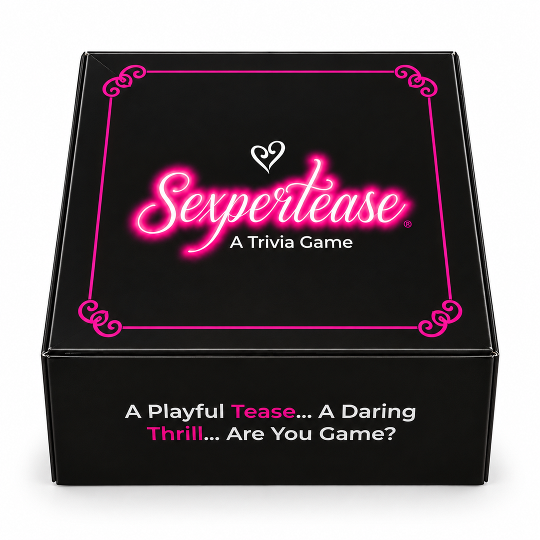 Black Sexpertease game box with a neon pink logo and a heart symbol. The tagline says "A trivia game." And the front panel says, "A Playful Tease...A daring thrill...are you game?