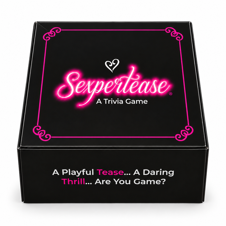 Black Sexpertease game box with a neon pink logo and a heart symbol. The tagline says "A trivia game." And the front panel says, "A Playful Tease...A daring thrill...are you game?