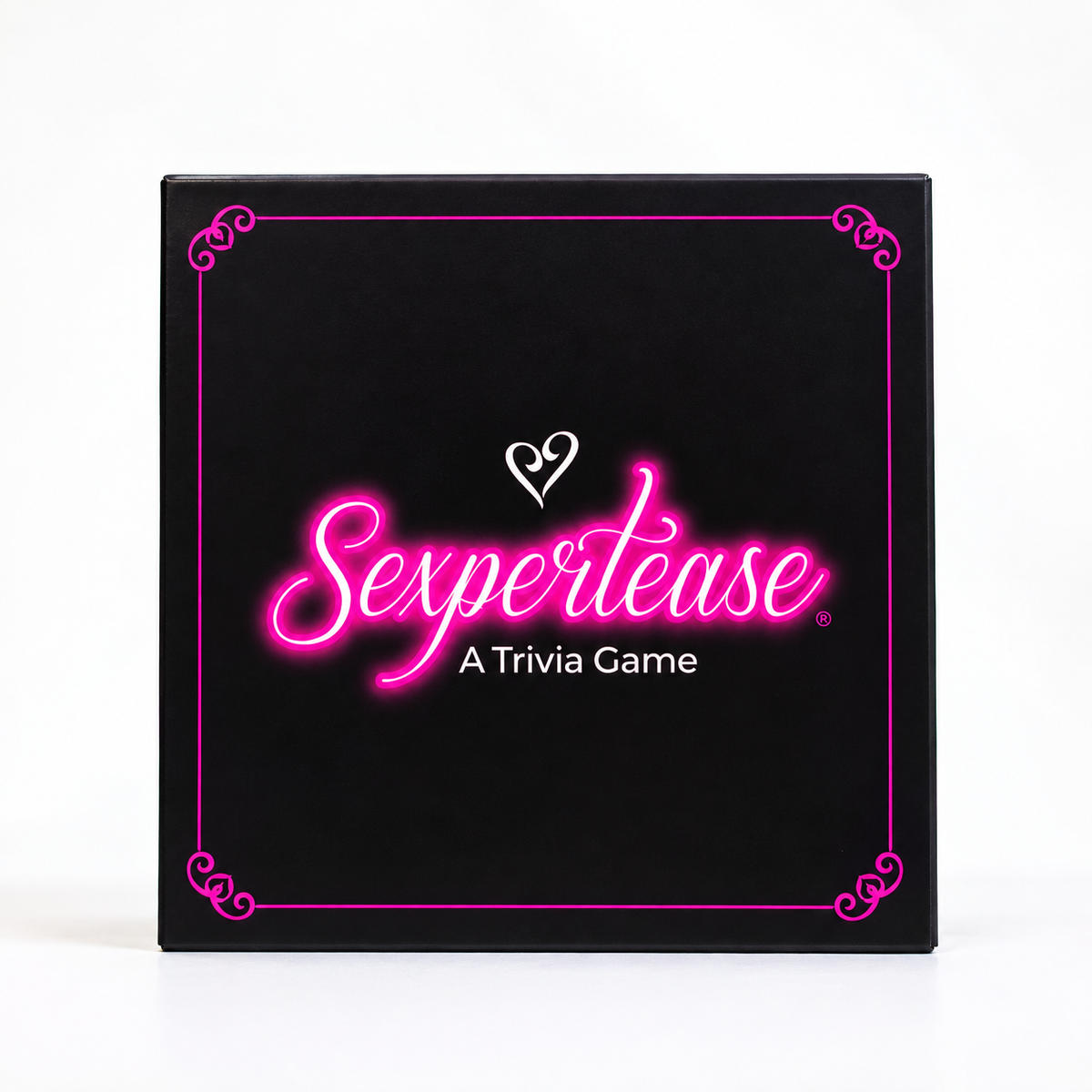 The top of the box with the Sexpertease logo, tagline "A Trivia Game," and heart symbol. 