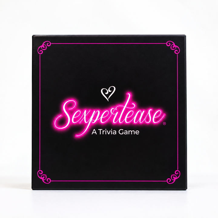 The top of the box with the Sexpertease logo, tagline "A Trivia Game," and heart symbol. 