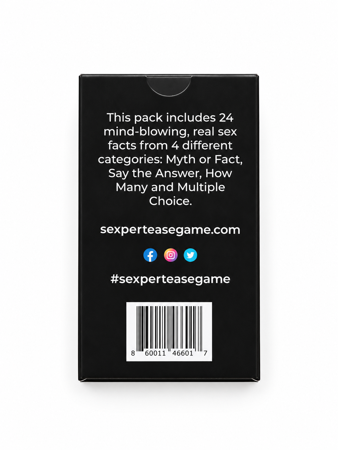 The back of a black tuck  box with white text describing a sex facts game pack, including a barcode and social media icons on a white background.