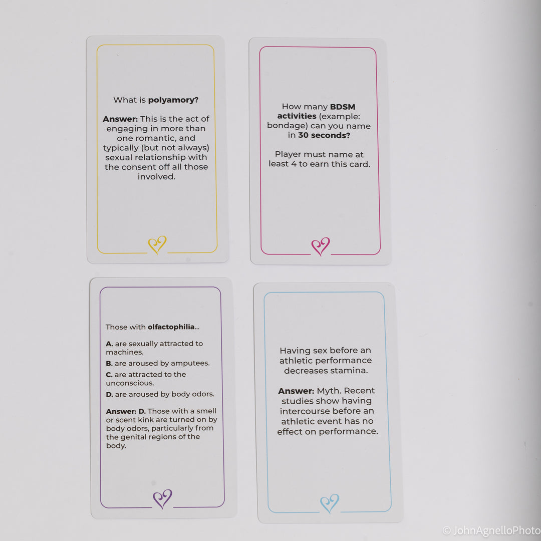 Four rectangular educational cards with rounded corners arranged in a 2x2 grid on a light gray background. Each card has a different colored border and a small heart icon near the bottom.